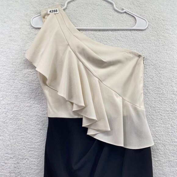Belle Badgley Mischka One Shoulder Dress Size 4 White Black Color Block Ruffle - Picture 3 of 10